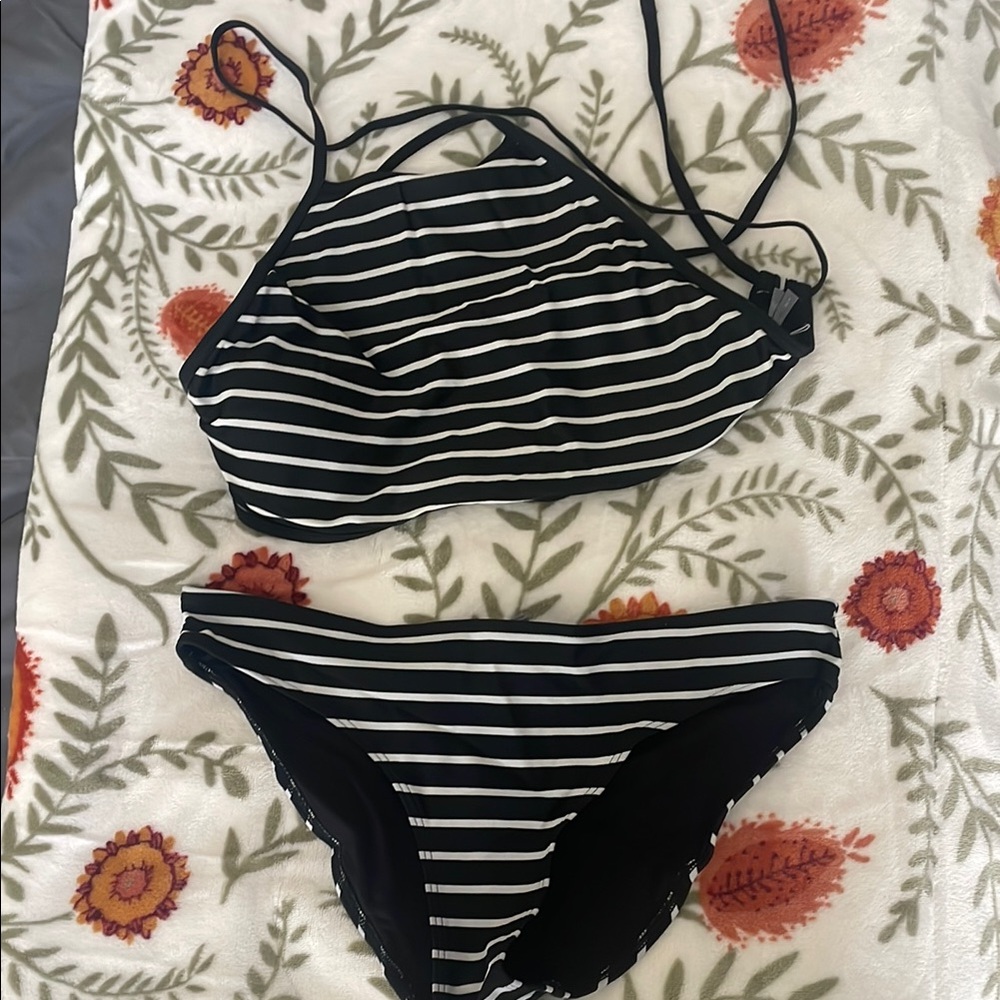 Black and White Striped Bikini Set